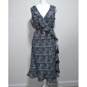 Banana Republic Faux Wrap Blue & Cream Ruffle Midi Dress With Belt Size 6